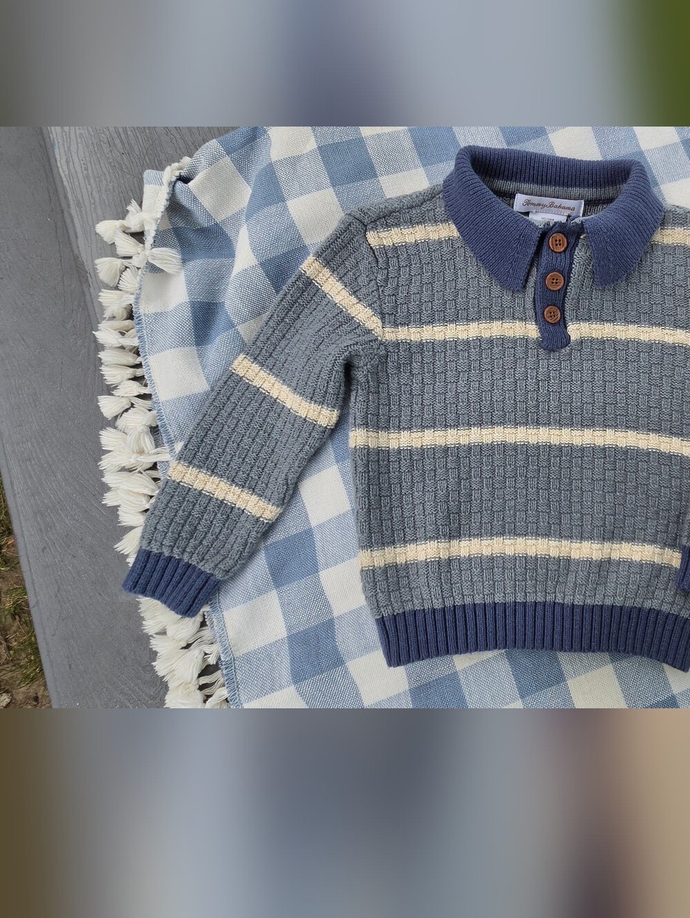 Tommy Bahama Navy and Cream Striped Polo Knit Sweater, 24 Months